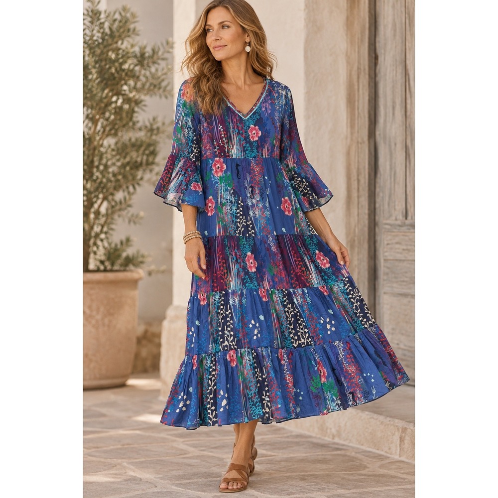 NWT Soft Surroundings Colorful Beaded Maxi Dress Seahorse Floral Print XL Boho
